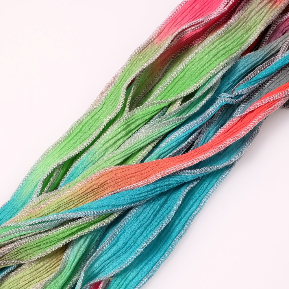 Ruban de soie teint à la main - Tie dye Turquoise, rose et vert