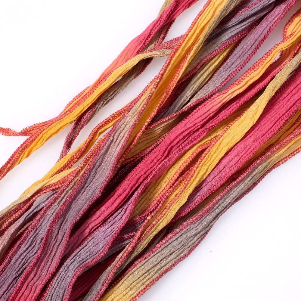 Ruban de soie teint à la main - Tie dye vieux rose et jaune moutarde