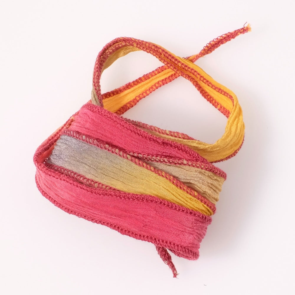 Ruban de soie teint à la main - Tie dye vieux rose et jaune moutarde