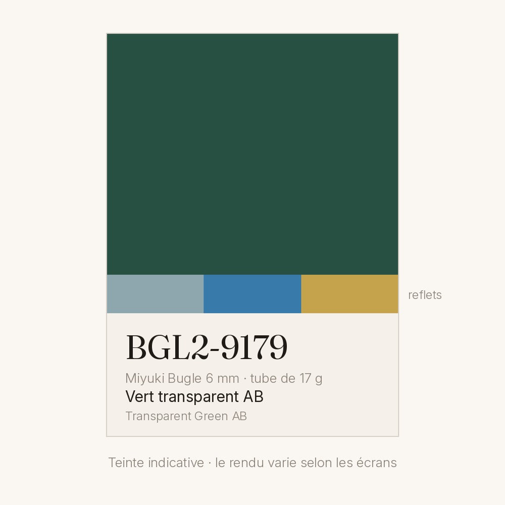 Nuancier de la teinte vert transparent AB Miyuki Bugles 6 mm BGL2-9179