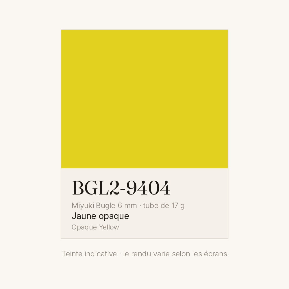 Nuancier de la teinte jaune opaque Miyuki Bugles 6 mm BGL2-9404