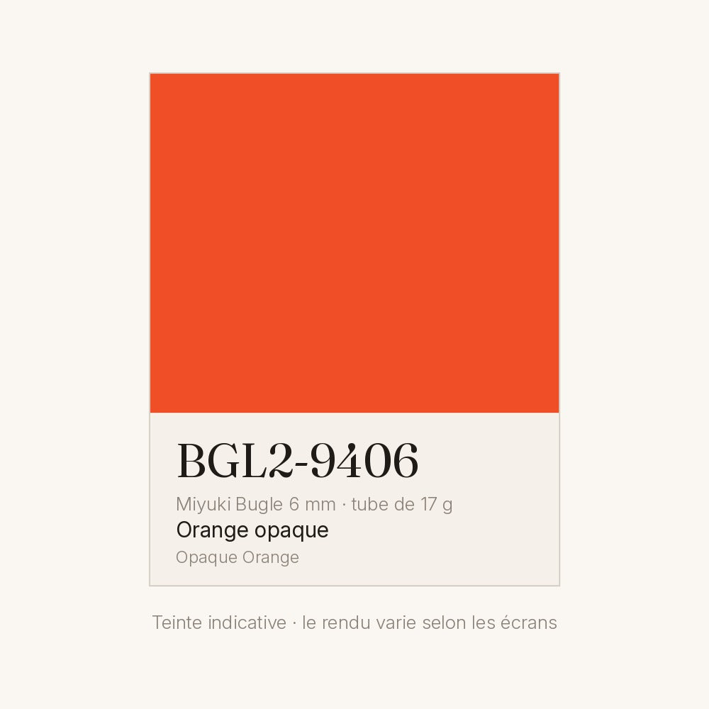Nuancier de la teinte orange opaque Miyuki Bugles 6 mm BGL2-9406