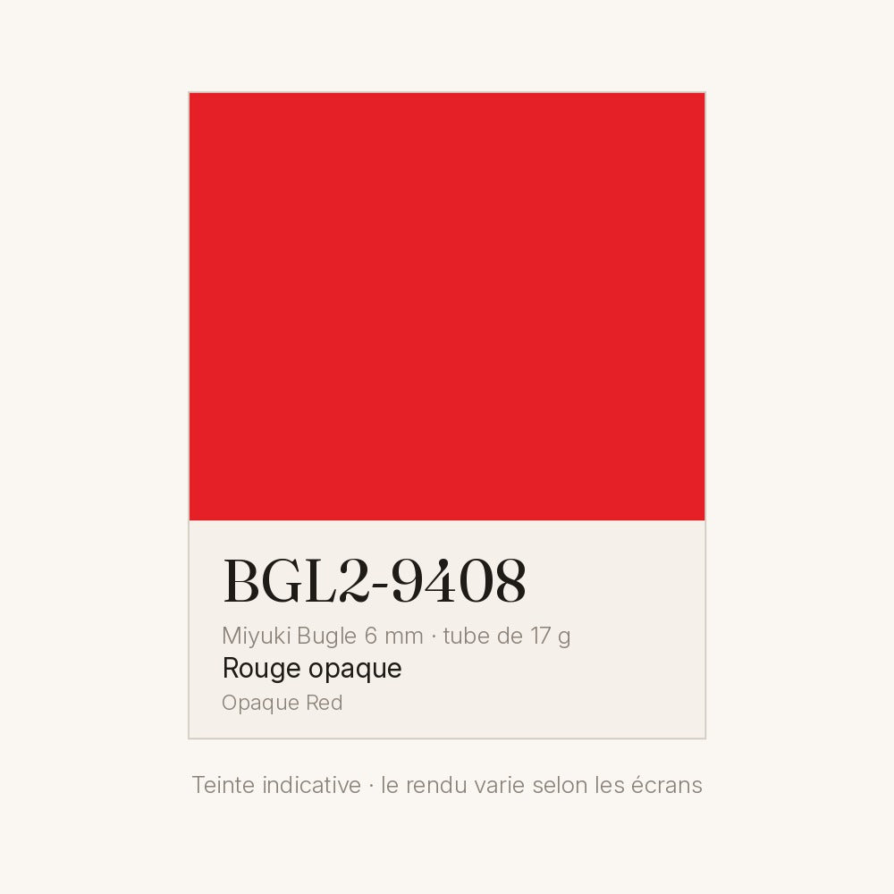 Nuancier de la teinte rouge opaque Miyuki Bugles 6 mm BGL2-9408