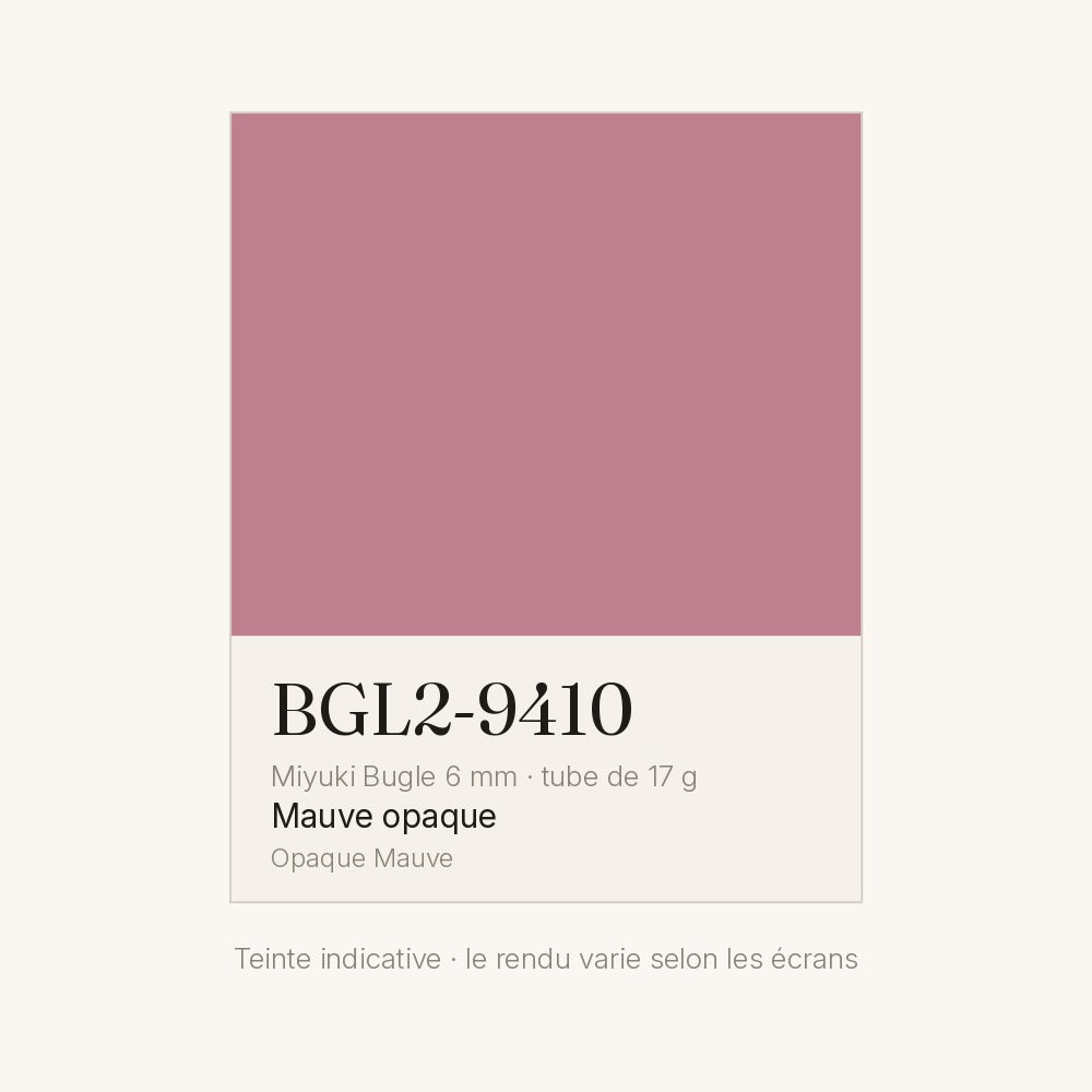 Nuancier de la teinte mauve opaque Miyuki Bugles 6 mm BGL2-9410