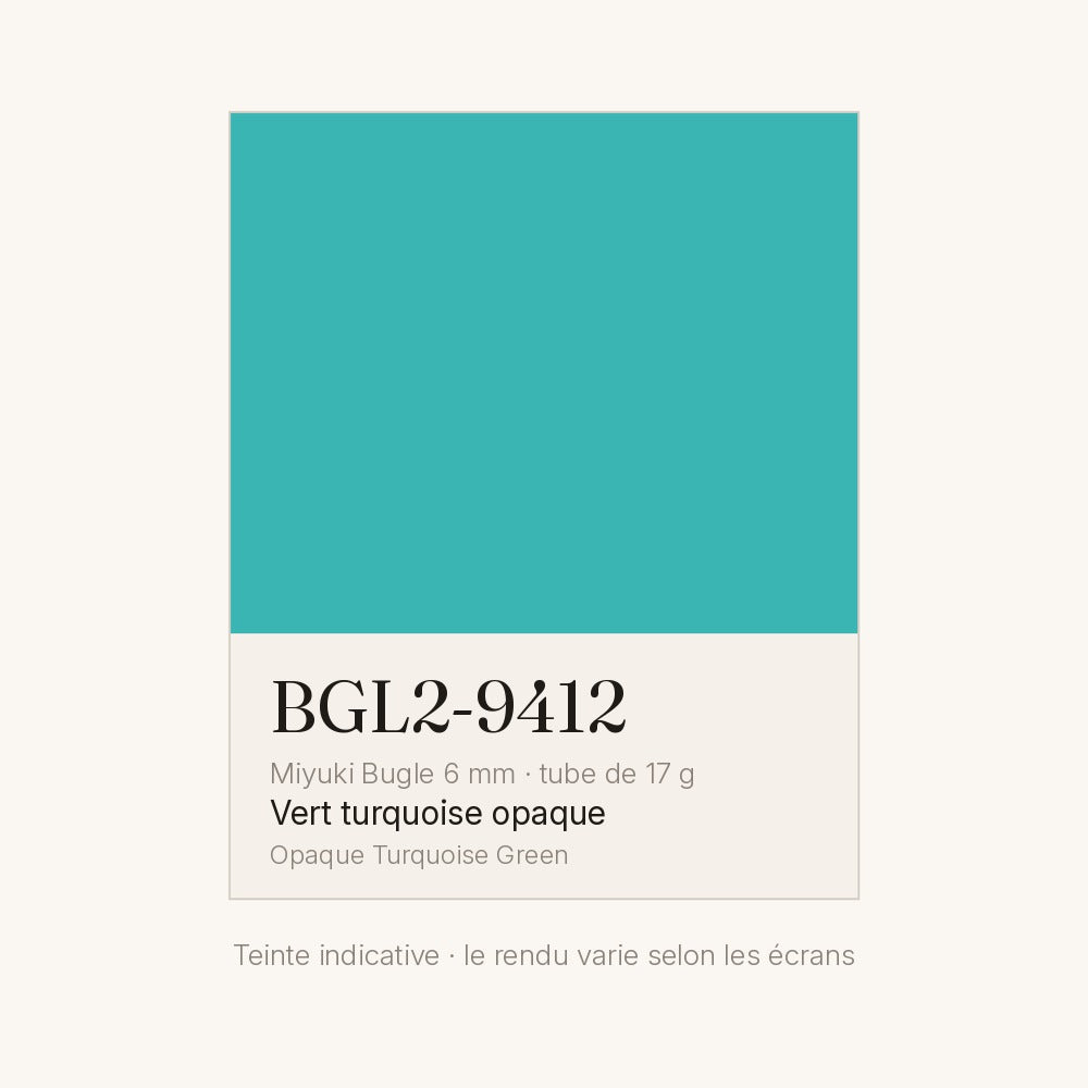 Nuancier de la teinte vert turquoise opaque Miyuki Bugles 6 mm BGL2-9412