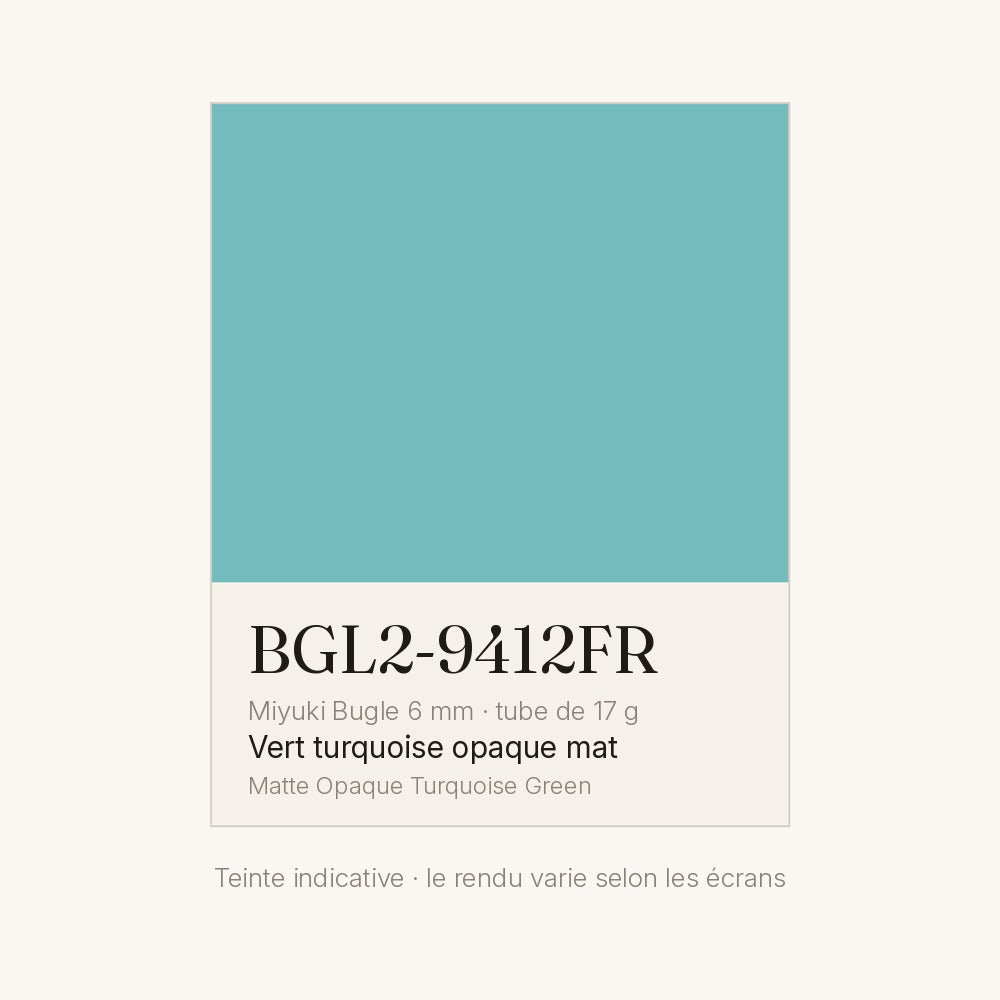 Nuancier de la teinte vert turquoise opaque mat Miyuki Bugles 6 mm BGL2-9412FR