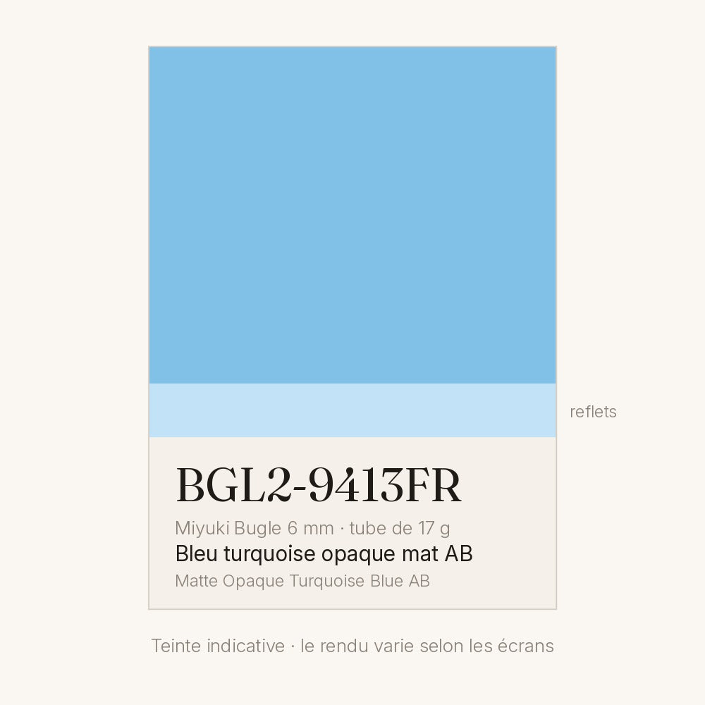 Nuancier de la teinte bleu turquoise opaque mat AB Miyuki Bugles 6 mm BGL2-9413FR