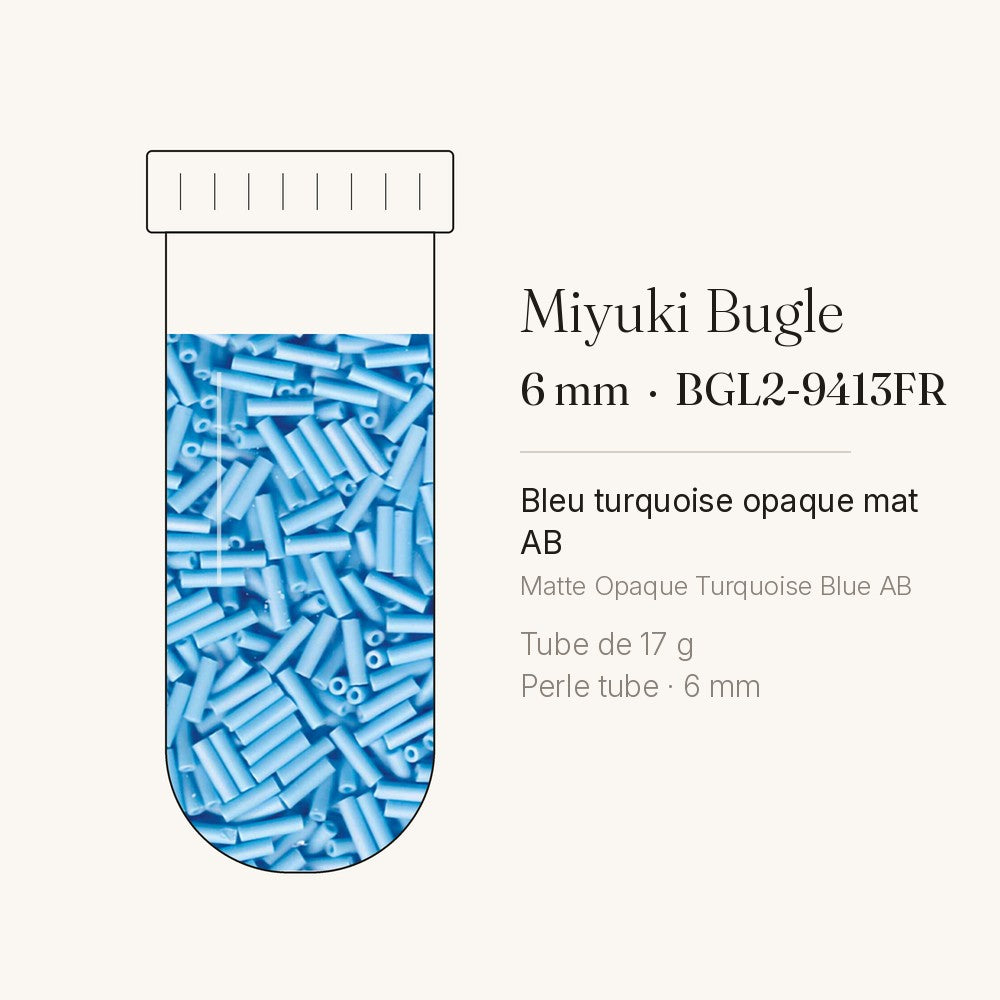 Perles Miyuki Bugles 6 mm bleu turquoise opaque mat AB BGL2-9413FR