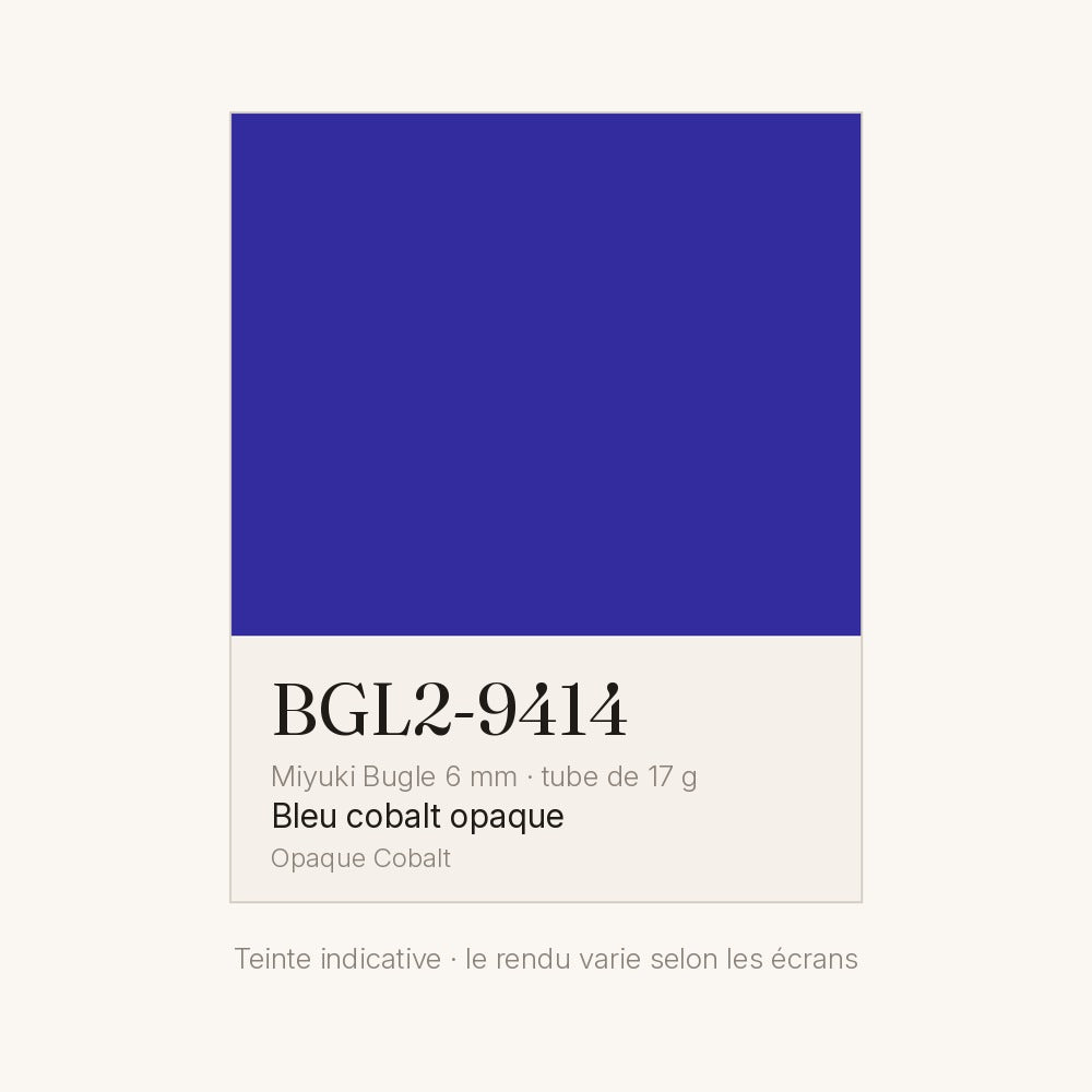Nuancier de la teinte bleu cobalt opaque Miyuki Bugles 6 mm BGL2-9414