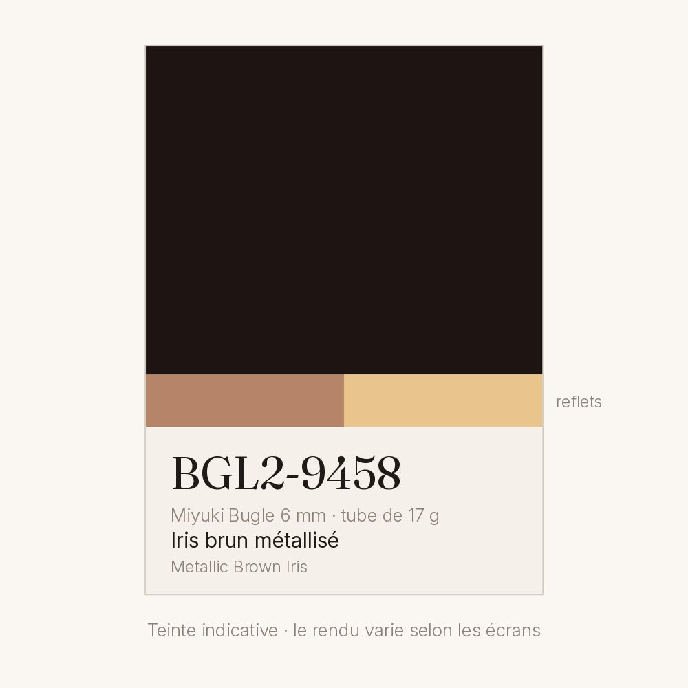 Nuancier de la teinte iris brun métallisé Miyuki Bugles 6 mm BGL2-9458