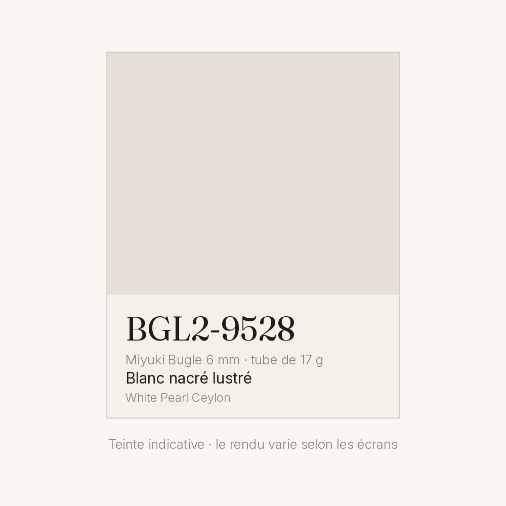 Nuancier de la teinte blanc nacré lustré Miyuki Bugles 6 mm BGL2-9528