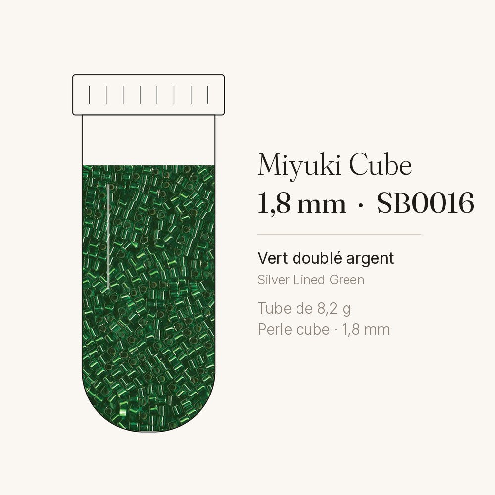 Tube de 8,2 g de perles Miyuki Cube 1,8 mm SB0016 vert doublé argent