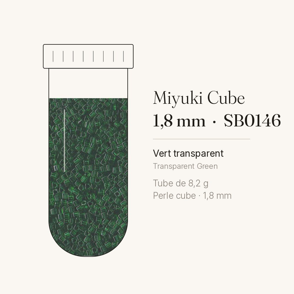 Tube de 8,2 g de perles Miyuki Cube 1,8 mm SB0146 vert transparent