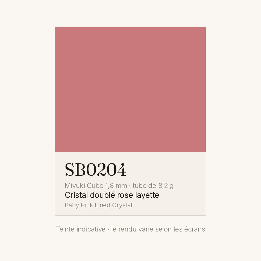 Nuancier de la teinte cristal doublé rose layette Miyuki Cube 1,8 mm SB0204