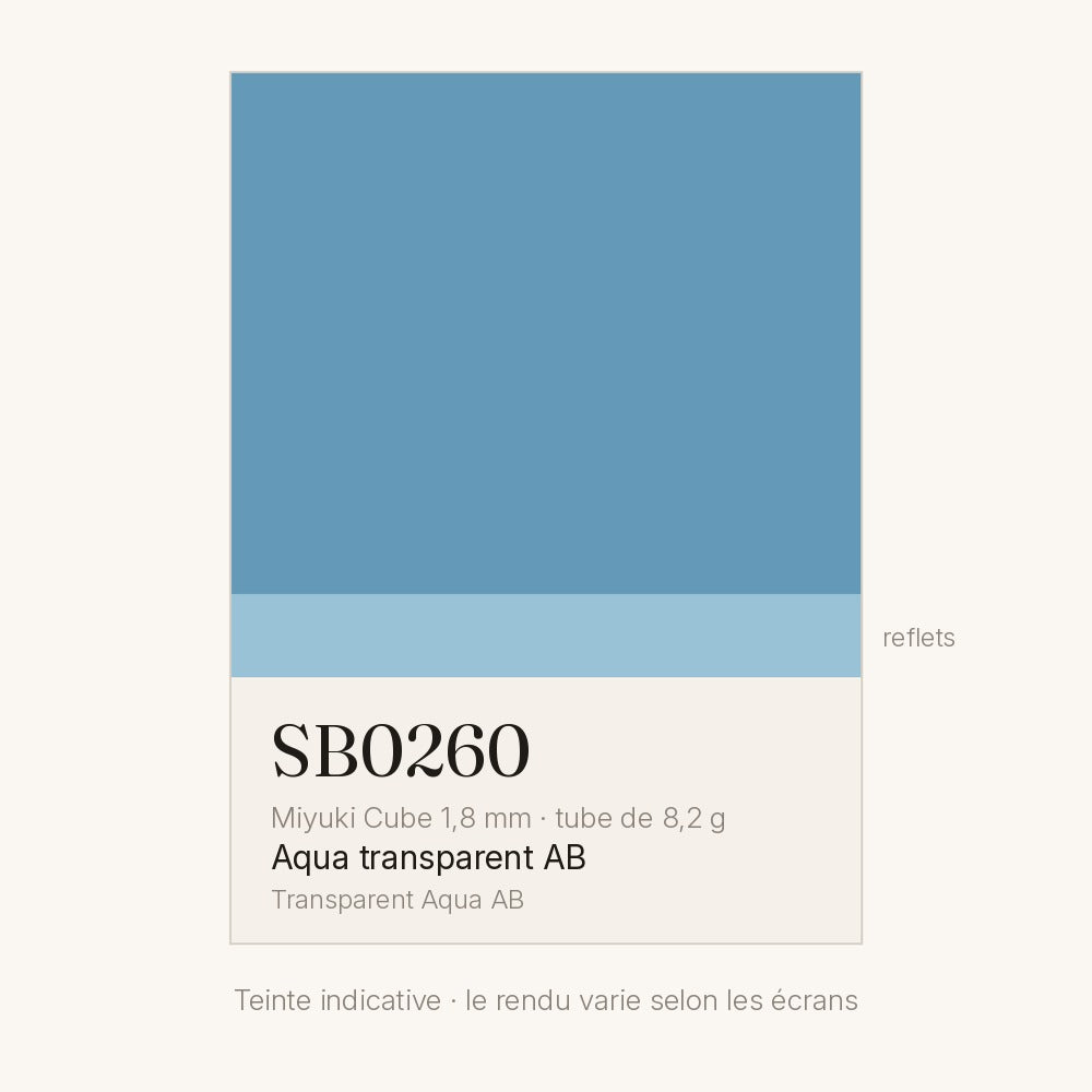 Nuancier de la teinte aqua transparent AB Miyuki Cube 1,8 mm SB0260