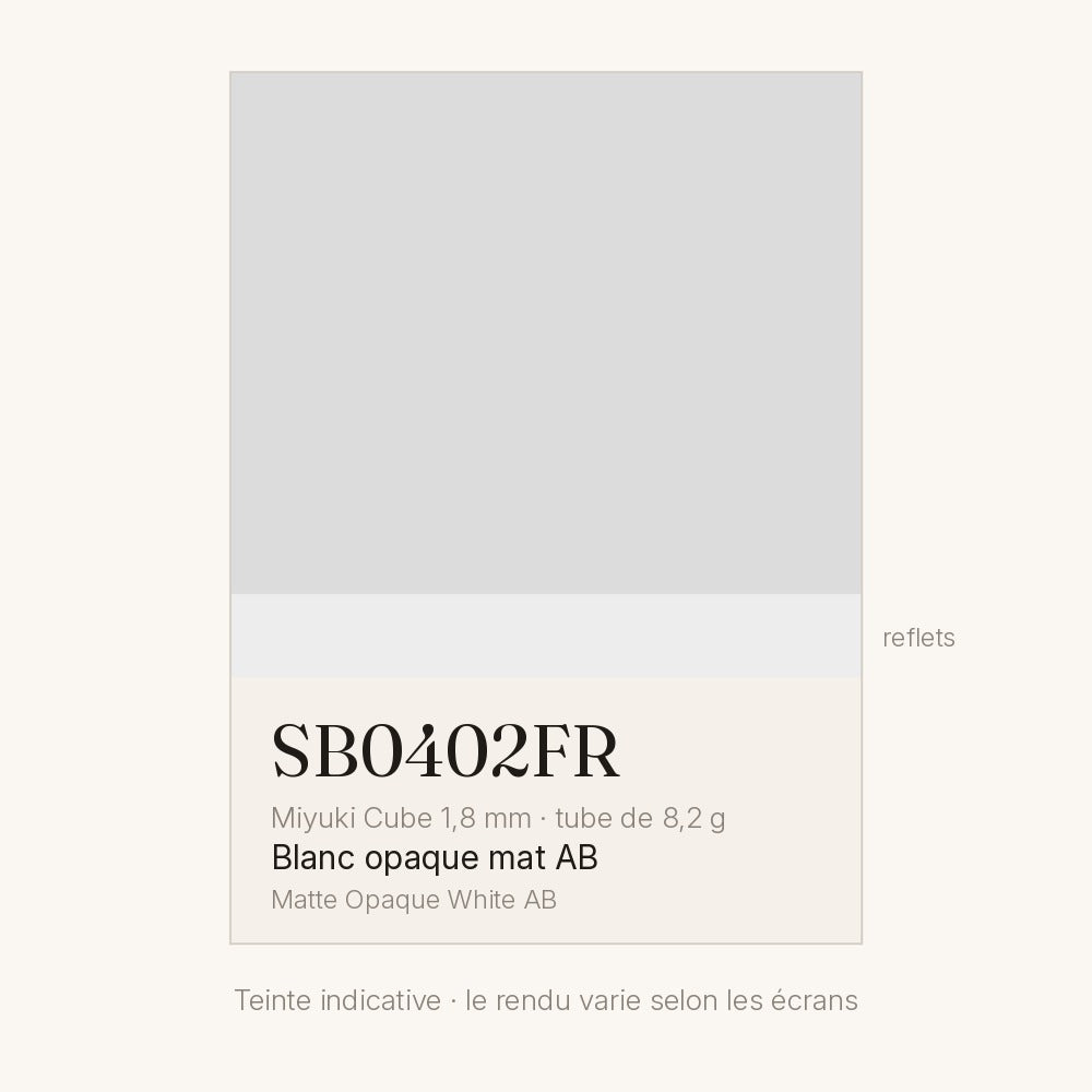 Nuancier de la teinte blanc opaque mat AB Miyuki Cube 1,8 mm SB0402FR