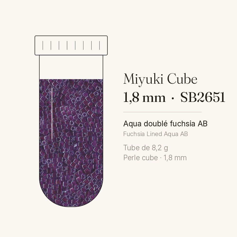 Tube de 8,2 g de perles Miyuki Cube 1,8 mm SB2651 aqua doublé fuchsia AB