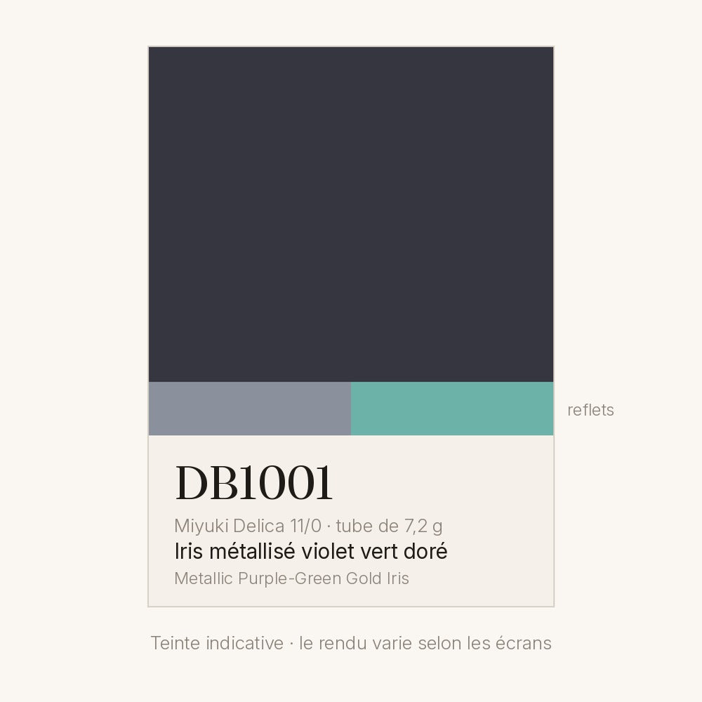 Nuancier de la teinte iris métallisé violet vert doré Miyuki Delica DB1001