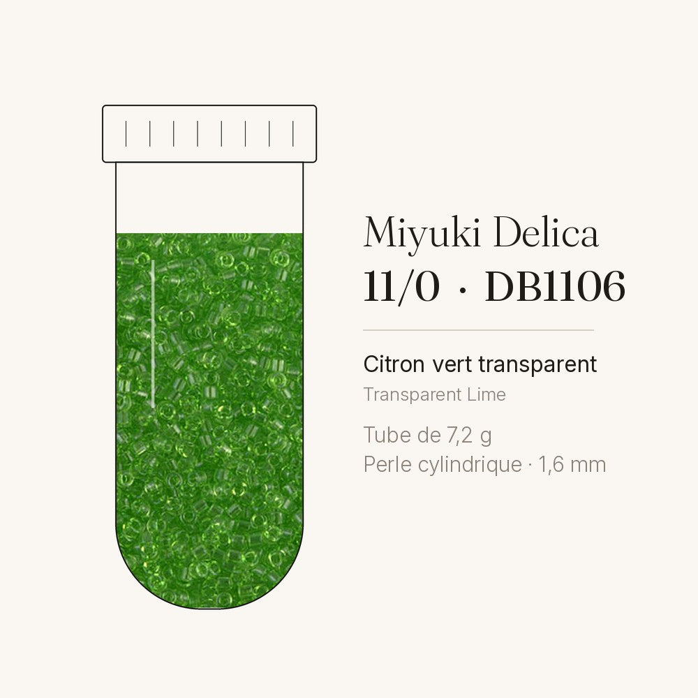 Tube de 7,2 g de perles Miyuki Delica 11/0 DB1106 citron vert transparent