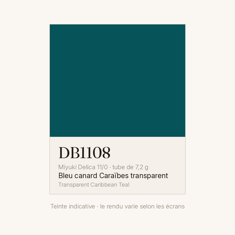 Nuancier de la teinte bleu canard Caraïbes transparent Miyuki Delica DB1108
