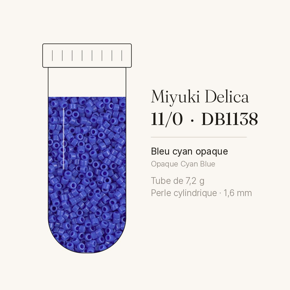 Tube de 7,2 g de perles Miyuki Delica 11/0 DB1138 bleu cyan opaque