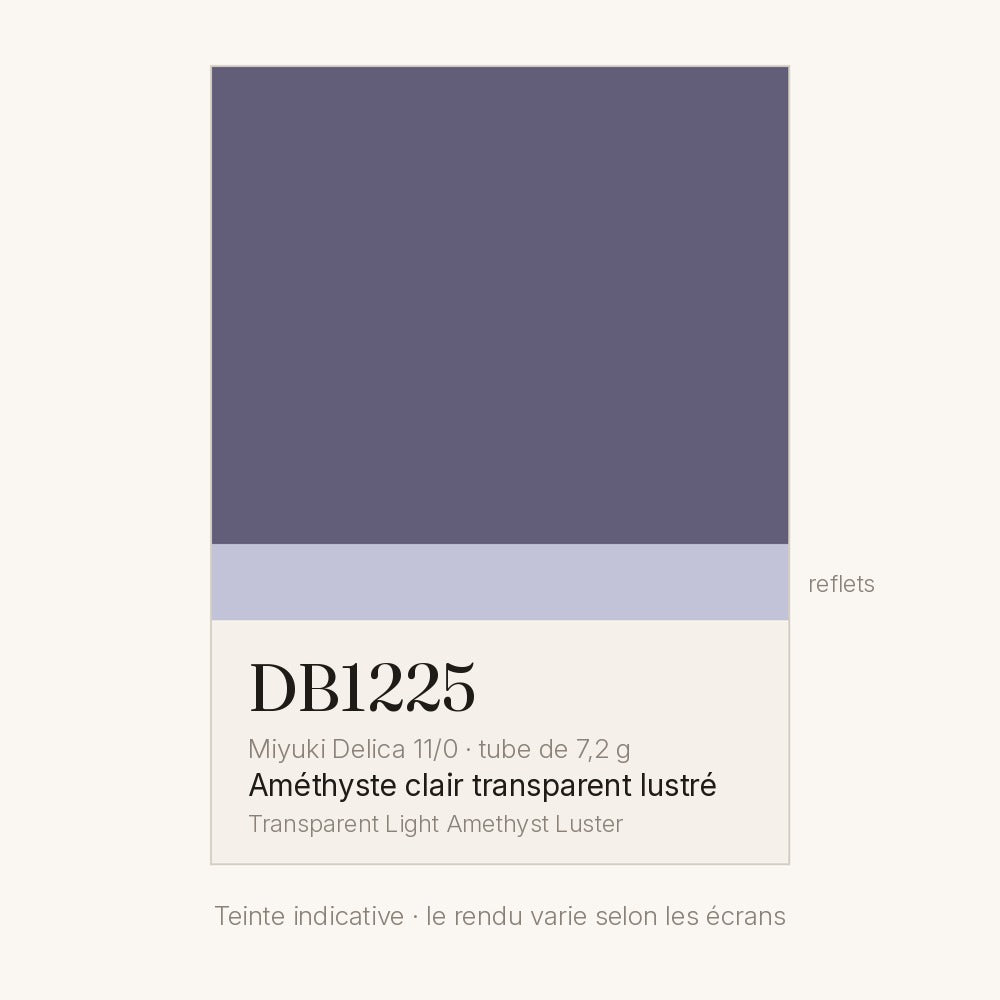 Nuancier de la teinte améthyste clair transparent lustré Miyuki Delica DB1225