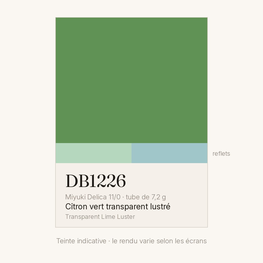 Nuancier de la teinte citron vert transparent lustré Miyuki Delica DB1226