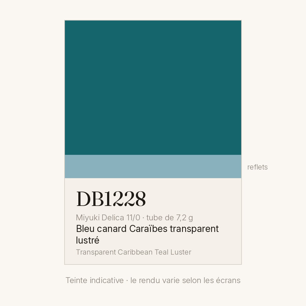 Nuancier de la teinte bleu canard Caraïbes transparent lustré Miyuki Delica DB1228