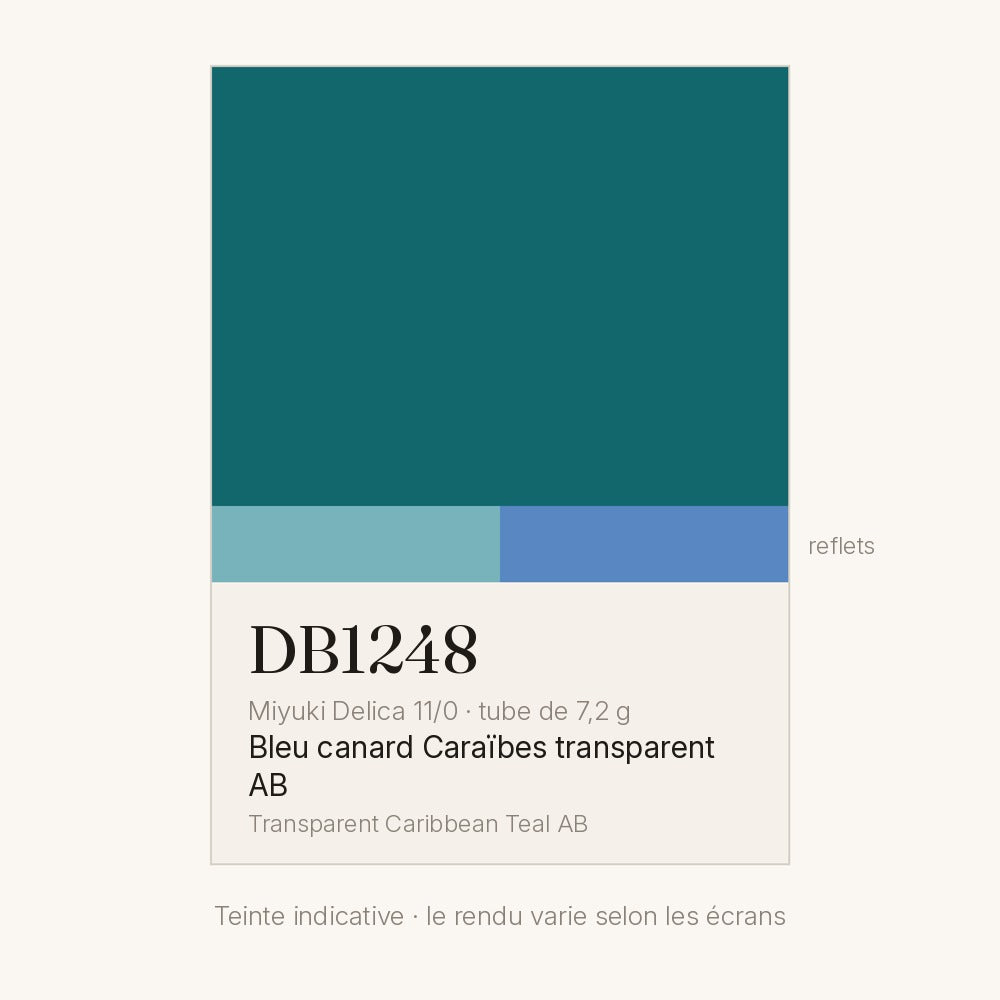 Nuancier de la teinte bleu canard Caraïbes transparent AB Miyuki Delica DB1248