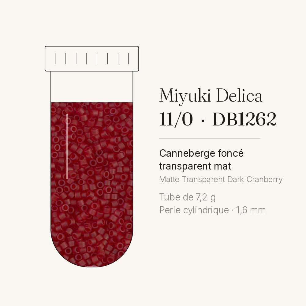 Tube de 7,2 g de perles Miyuki Delica 11/0 DB1262 canneberge foncé transparent mat