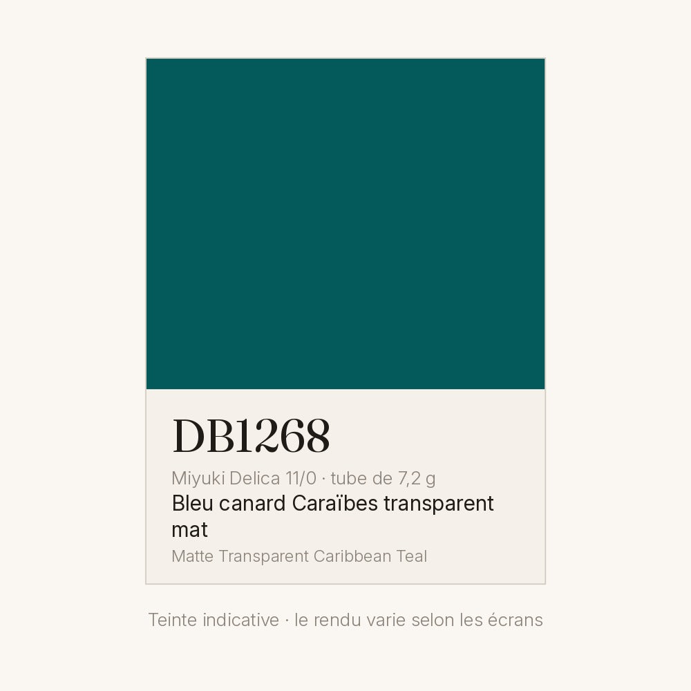 Nuancier de la teinte bleu canard Caraïbes transparent mat Miyuki Delica DB1268