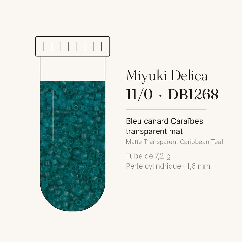 Tube de 7,2 g de perles Miyuki Delica 11/0 DB1268 bleu canard Caraïbes transparent mat