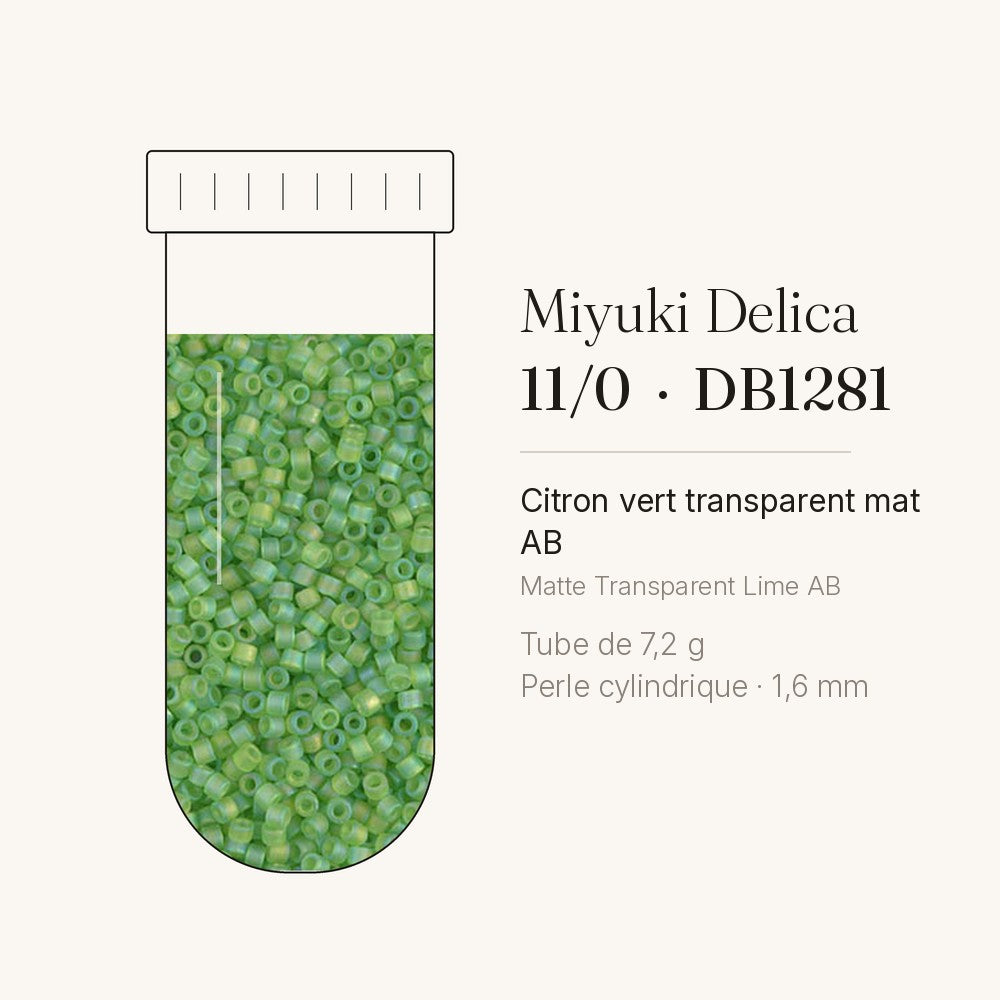 Tube de 7,2 g de perles Miyuki Delica 11/0 DB1281 citron vert transparent mat AB