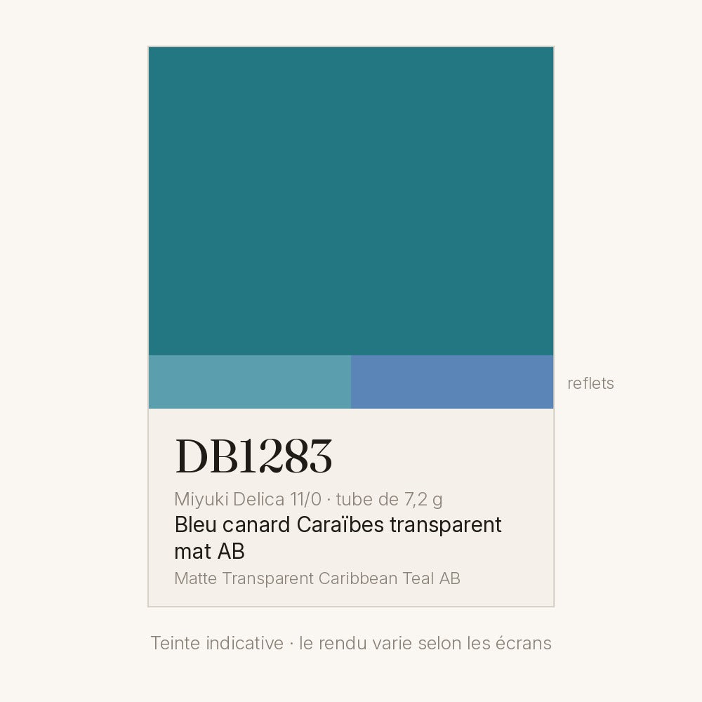 Nuancier de la teinte bleu canard Caraïbes transparent mat AB Miyuki Delica DB1283
