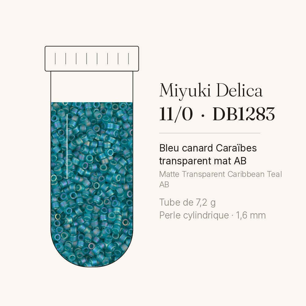Tube de 7,2 g de perles Miyuki Delica 11/0 DB1283 bleu canard Caraïbes transparent mat AB