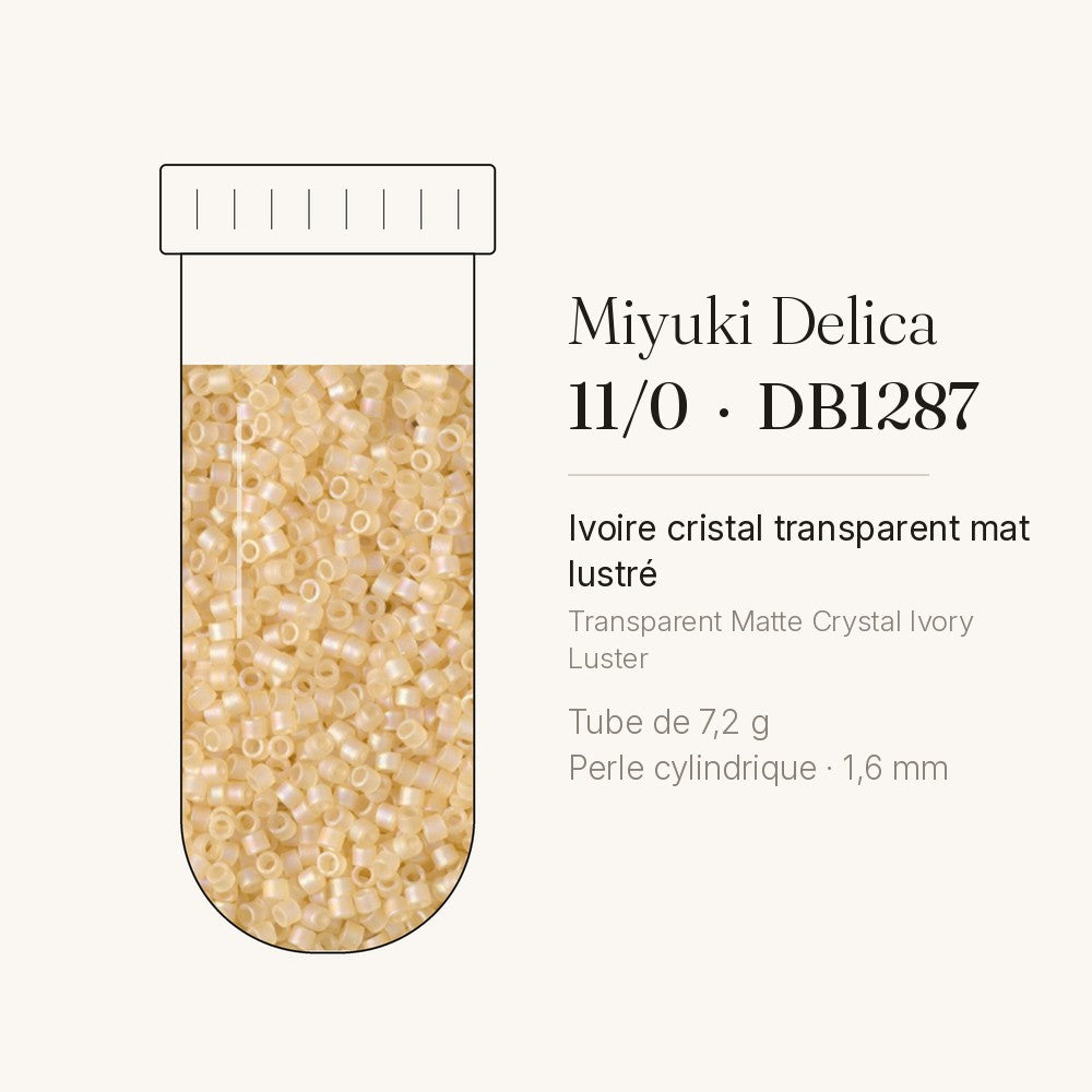 Tube de 7,2 g de perles Miyuki Delica 11/0 DB1287 ivoire cristal transparent mat lustré