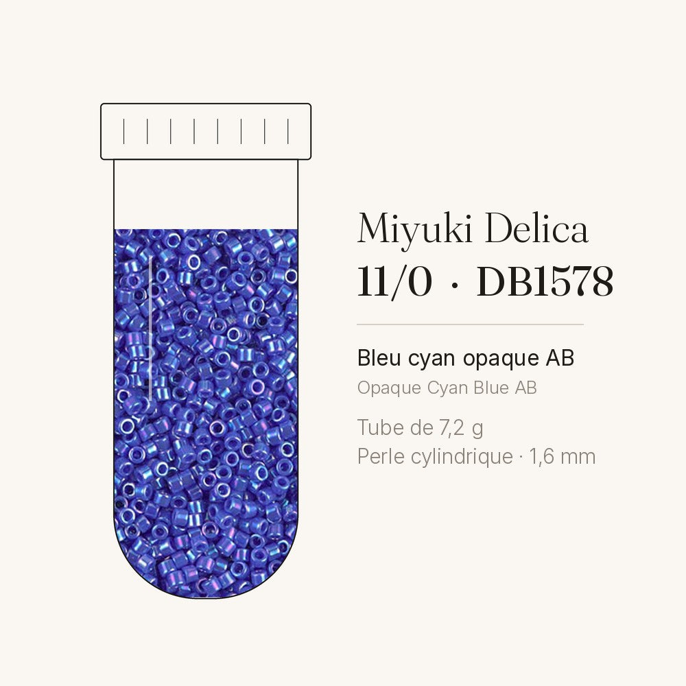 Tube de 7,2 g de perles Miyuki Delica 11/0 DB1578 bleu cyan opaque AB