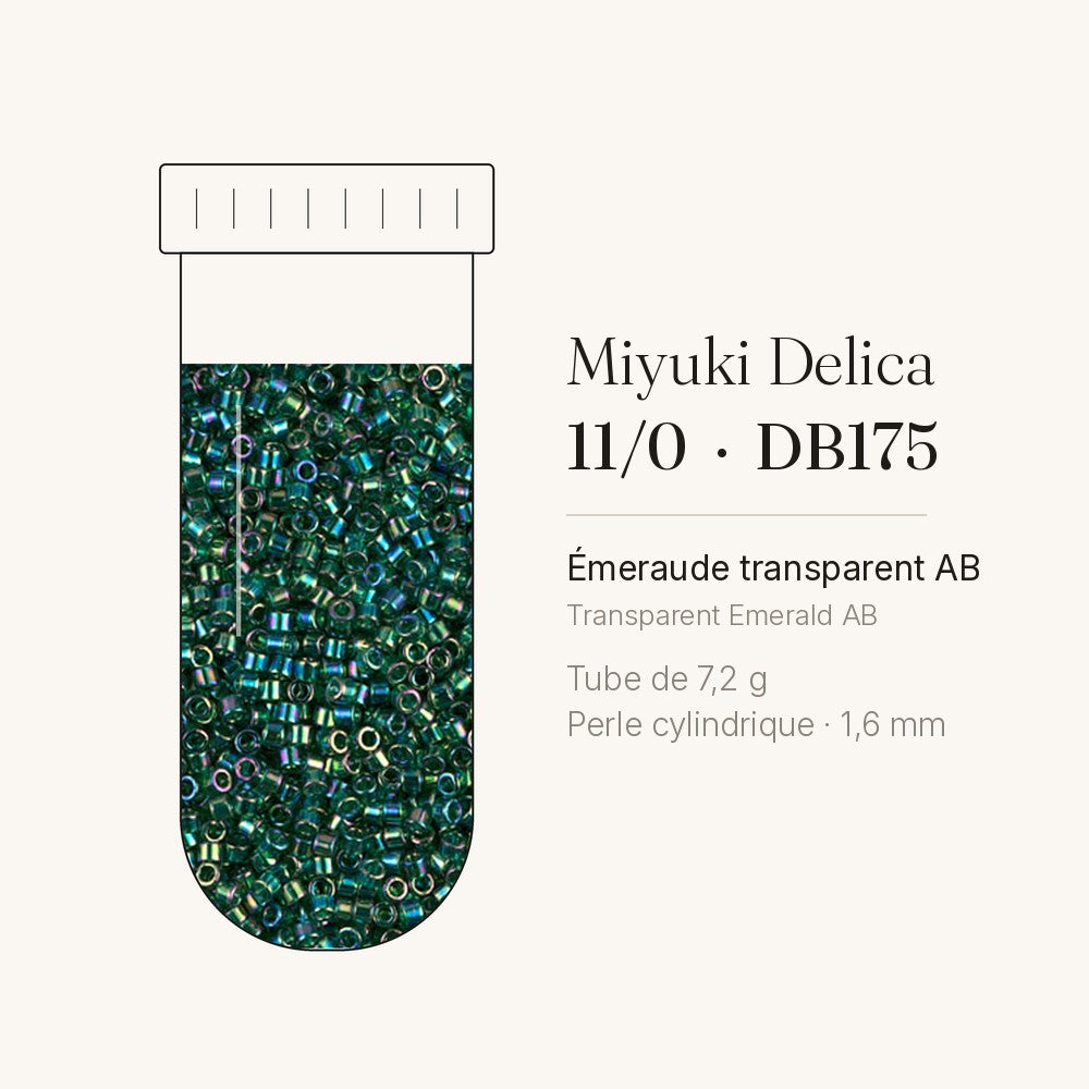 Tube de 7,2 g de perles Miyuki Delica 11/0 DB0175 émeraude transparent AB
