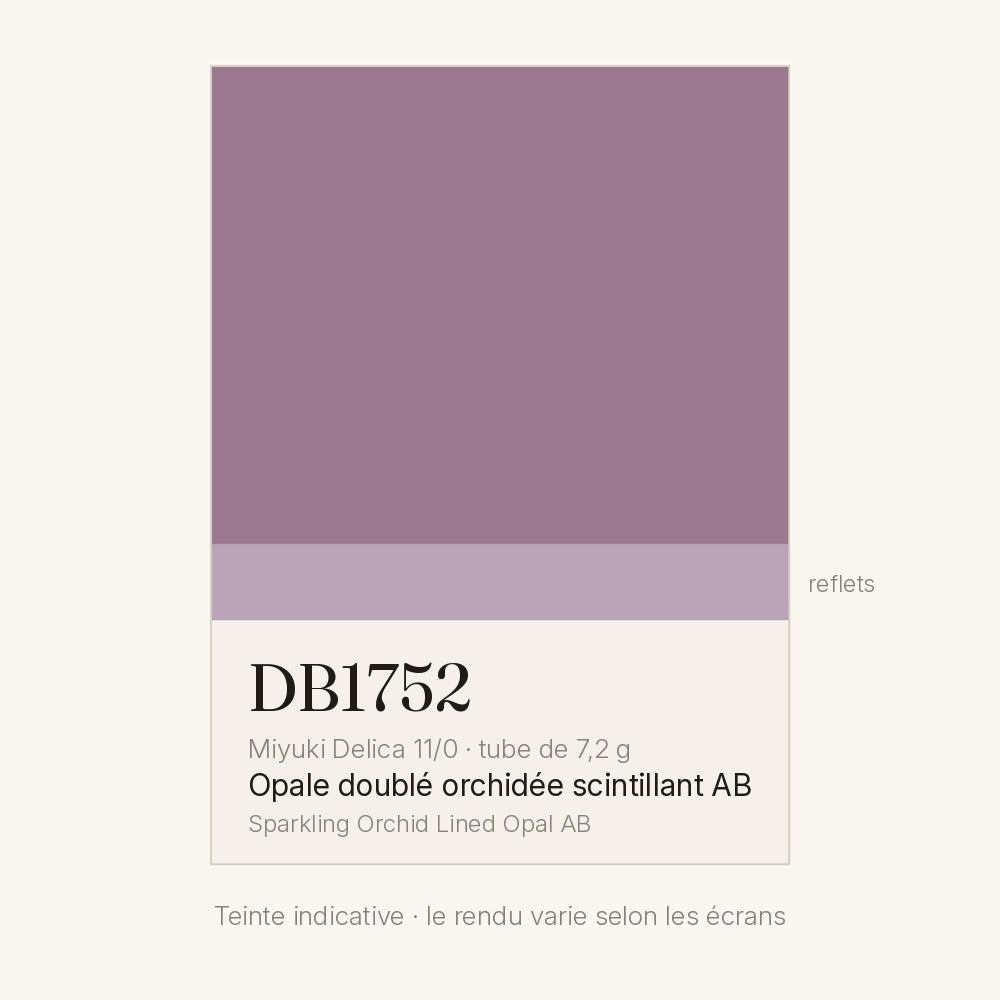 Nuancier de la teinte opale doublé orchidée scintillant AB Miyuki Delica DB1752