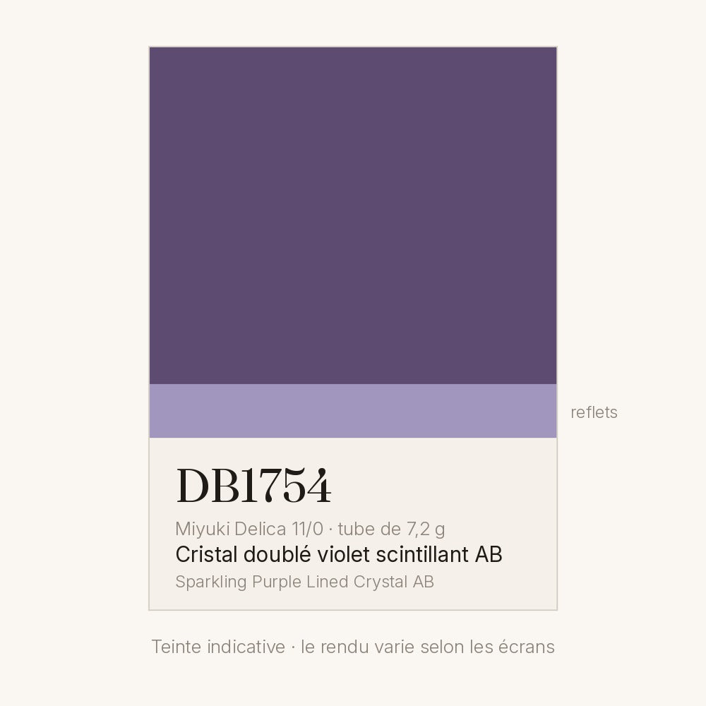 Nuancier de la teinte cristal doublé violet scintillant AB Miyuki Delica DB1754