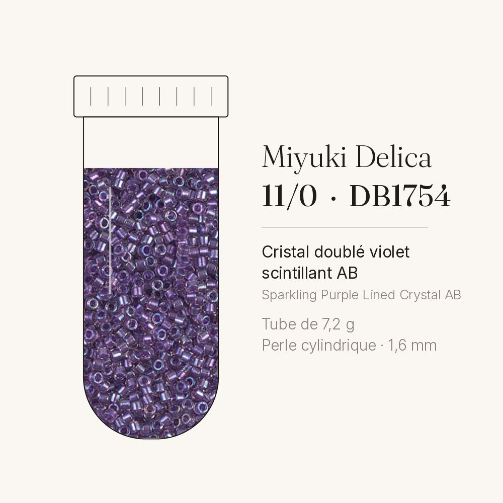 Tube de 7,2 g de perles Miyuki Delica 11/0 DB1754 cristal doublé violet scintillant AB