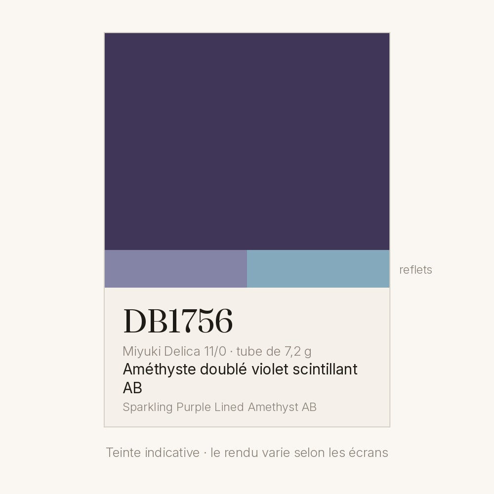 Nuancier de la teinte améthyste doublé violet scintillant AB Miyuki Delica DB1756