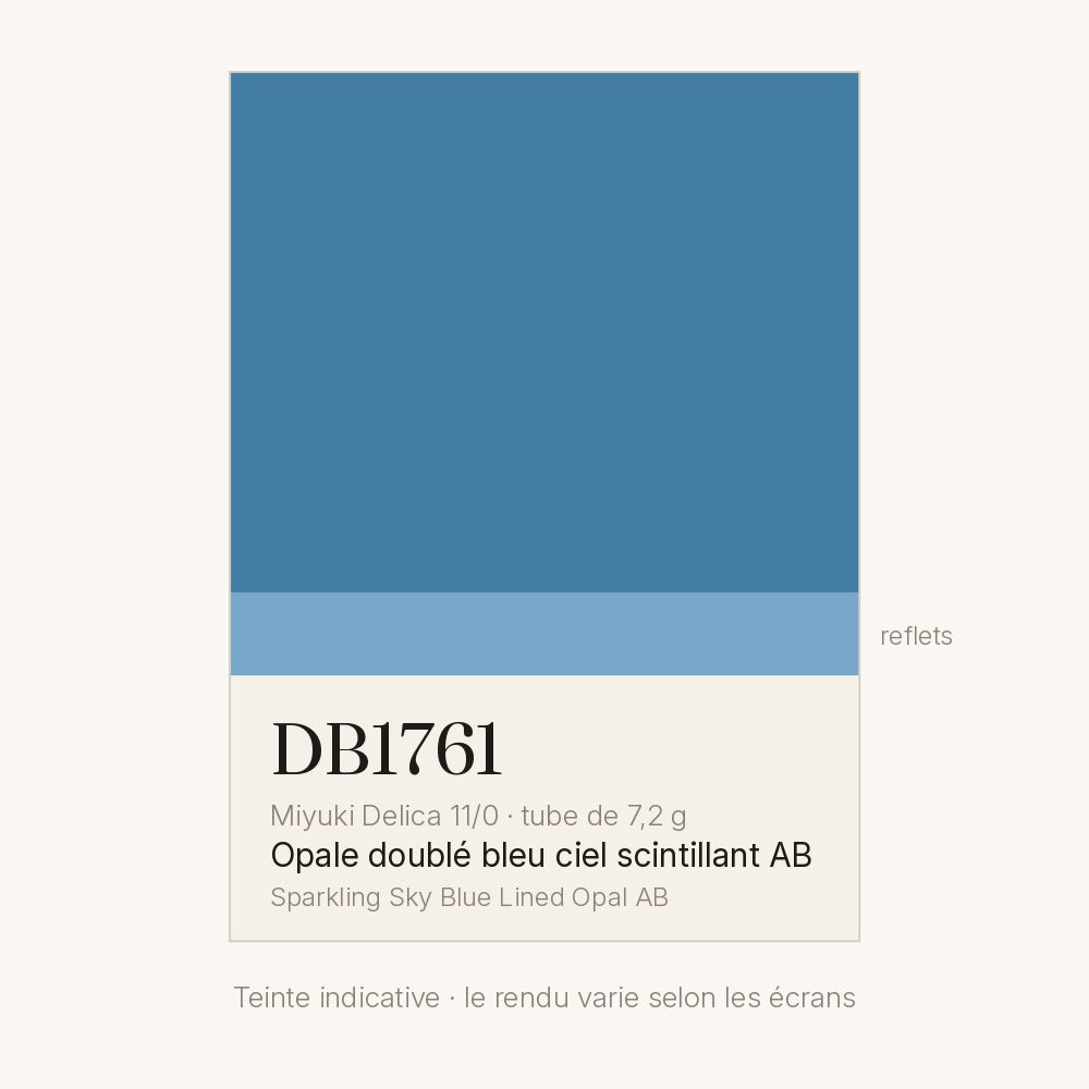 Nuancier de la teinte opale doublé bleu ciel scintillant AB Miyuki Delica DB1761