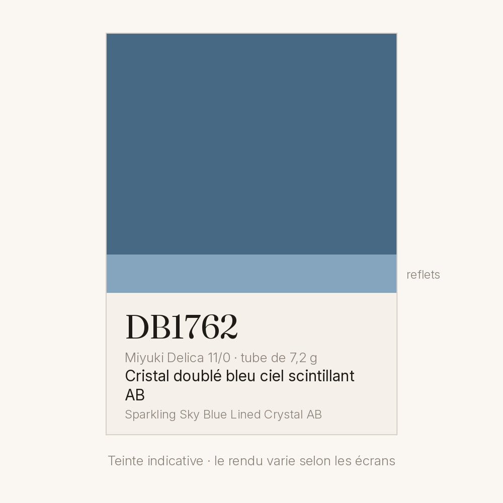 Nuancier de la teinte cristal doublé bleu ciel scintillant AB Miyuki Delica DB1762
