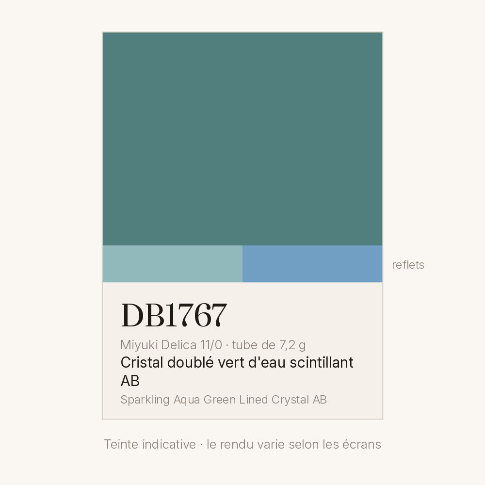 Nuancier de la teinte cristal doublé vert d'eau scintillant AB Miyuki Delica DB1767