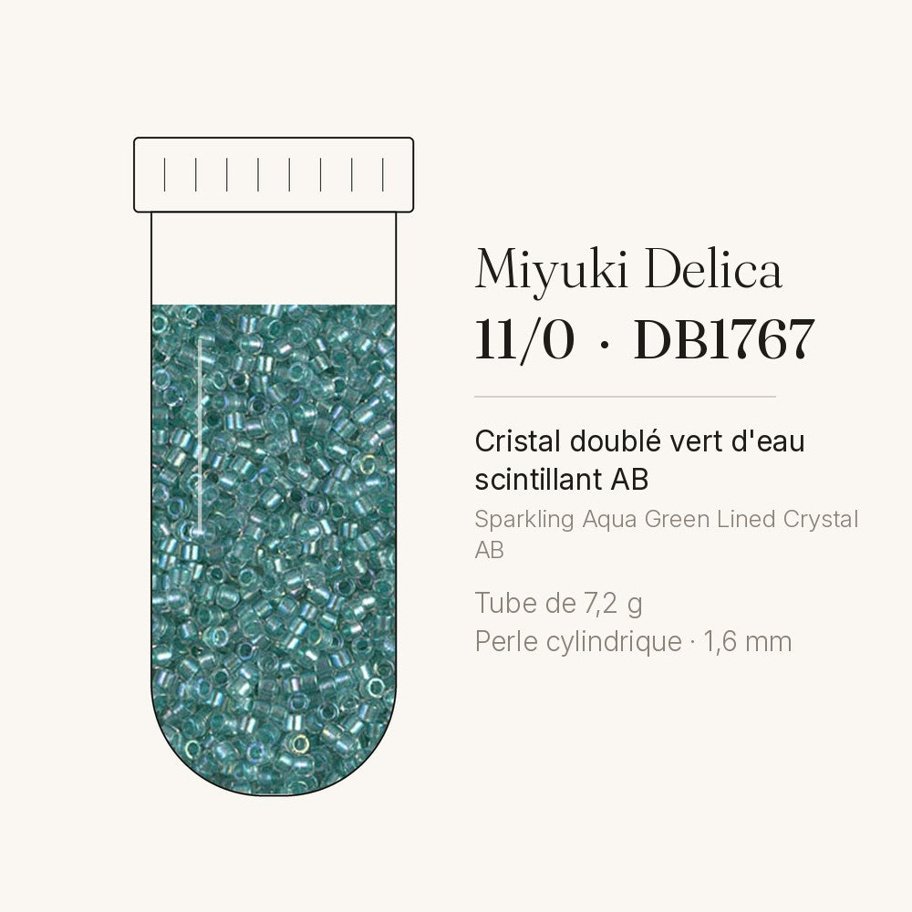 Tube de 7,2 g de perles Miyuki Delica 11/0 DB1767 cristal doublé vert d'eau scintillant AB