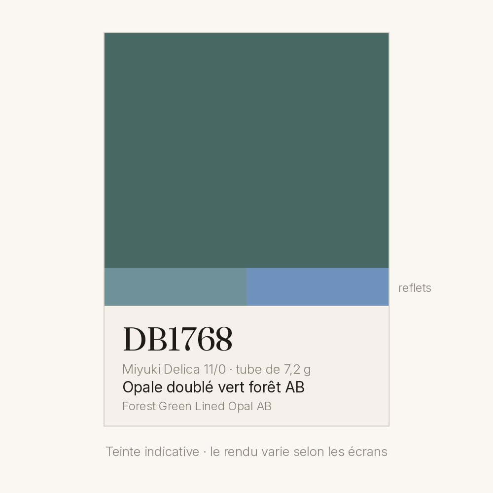 Nuancier de la teinte opale doublé vert forêt AB Miyuki Delica DB1768