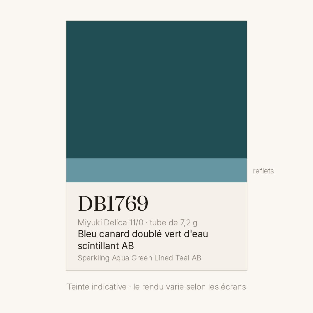 Nuancier de la teinte bleu canard doublé vert d'eau scintillant AB Miyuki Delica DB1769