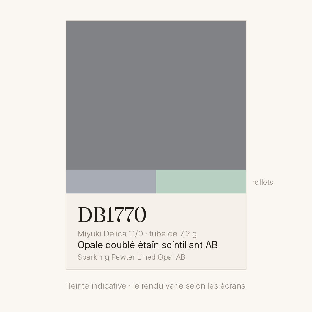 Nuancier de la teinte opale doublé étain scintillant AB Miyuki Delica DB1770