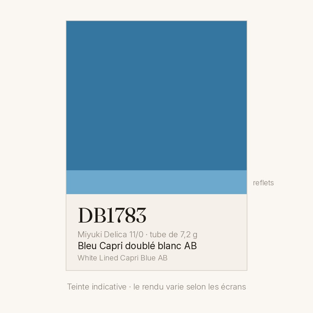 Nuancier de la teinte bleu Capri doublé blanc AB Miyuki Delica DB1783